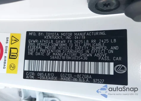 2019 Lexus Es 350 Luxury z USA, uszkodzony, nr VIN 58ABZ1B19KU035436